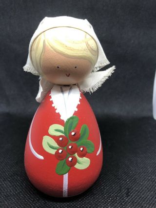 Vintage Swedish Hand Painted Wooden Girl With Scarf,  Sweden Tag On Bottom,  4 - 1/2