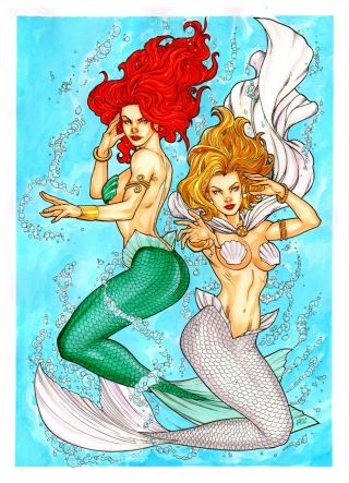 Jean & Emma Mermaid 11x17 " Sexy Pinup Art - Comic Page By Ed Silva