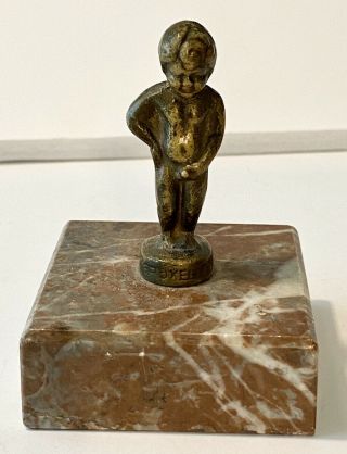 2 Vintage Bronze Bruxelles Manneken Pis Boy 3” Statues Paperweights Marble Base 2