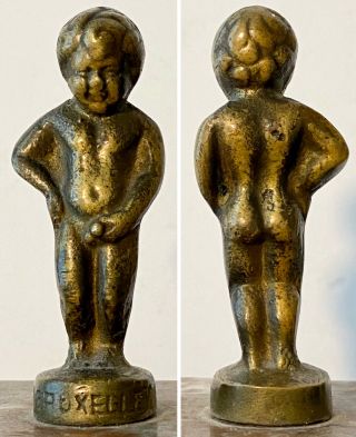 2 Vintage Bronze Bruxelles Manneken Pis Boy 3” Statues Paperweights Marble Base 3