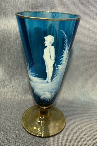 Antique Mary Gregory Glass In Blue & Amber - Boy Playing Golf - Golfing