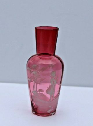 Antique Mary Gregory Cranberry Pink Glass Vase With White Enamel Girl With Sprig