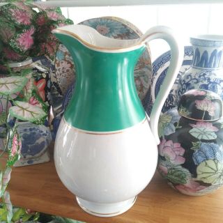 Large Vintage Green White Ironstone Acc Ceramic Pitcher 13 " Tall