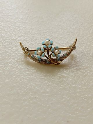 Antique Art Nouveau 14k Gold Enamel Seed Pearl Diamond Flower Brooch