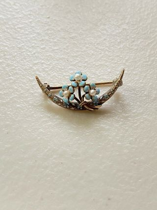 Antique Art Nouveau 14k Gold Enamel Seed Pearl Diamond Flower Brooch 2