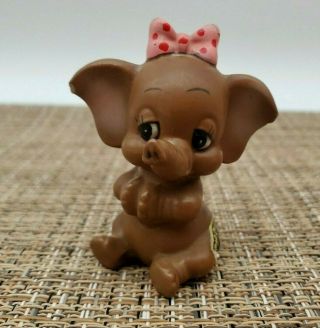 Vintage Josef Originals Mini Elephant Figurine Trunk Up Pink Bow Black Eyes - Euc