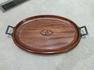 Vintage Antique Oval Large Wood Serving Tray Acorn Inlay