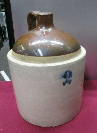 Moonshine Whiskey Jug Antique Stoneware Glazed Crockery Brown & White 2 Gallon