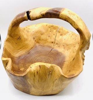 Hand Carved Wooden Bowl With Handle - Burl Primitive Rustic D 