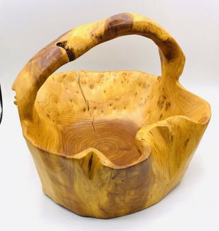 Hand carved wooden bowl with handle - burl primitive rustic D ' ecco basket 2