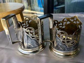Vintage of Soviet Union Silver Niello Tea Cup Holders Kubachi 875 sample 2