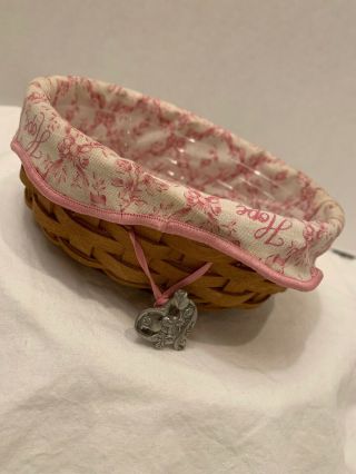 2003 Longaberger Breast Cancer Basket No Lid Lined With Hope Rose Heart Pin