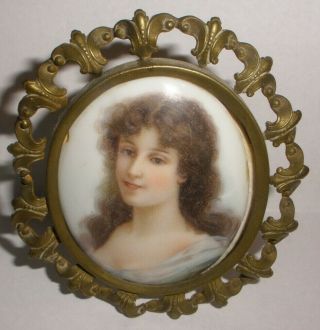 Antique 1800`s 19thc Hand Painted Woman Miniature Portrait Porcelain Plaque