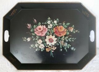 Vintage Black Toleware Serving Tray Tole Hand Painted Tin Floral Large