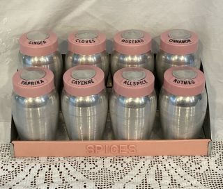 Vintage Kromex Spun Aluminum Pink Spice Jar Set With Rack Hard To Find