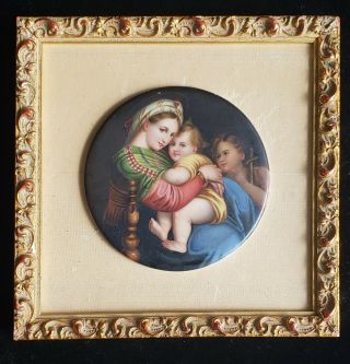 Framed German Hand Painted Porcelain Plaque Madonna Of The Chair,  After Rafael