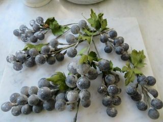 8 Bunches Gorgeous Old Vintage Glass Grapes On Stems Leaves Black Grapes
