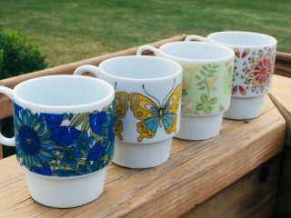 4 Vintage Ceramic Stack Coffee Cups/mugs Floral Japan Retro Set Mid Century