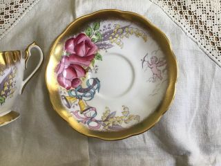 QUEEN ANNE TEACUP/SAUCER ROSES,  CUPID,  BELLS GOLD EXC. 2