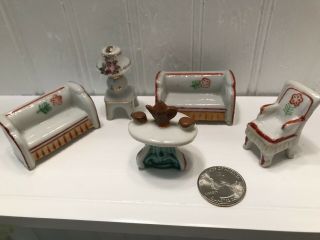 5 Vintage Occupied Japan Porcelain Dollhouse Miniatures Furniture Tea Set Lamp