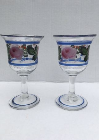 Set (2) Antique Vtg Blown Wine Glasses Enamel Painted Flowers Dutch Netherlands
