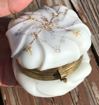 Vintage Porcelain Milk Glass Hand Painted Flowers Trinket Jewelry Box