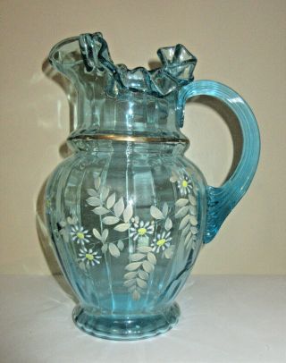 Vtg Antique Glass Pitcher Blue Hand Painted Flowers Ruffle Edge Reeded Handle