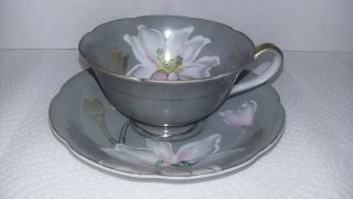 Vtg Hand Painted Orion China Occupied Japan Tea Cup & Saucer Gray W/pink/gold
