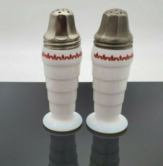 Vintage Milk Glass Salt Pepper Shaker Red Detail Silver Tone Top