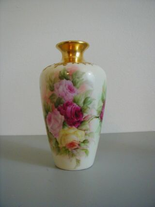 Antique Hand Painted Roses And Gilded Bavarian Vase