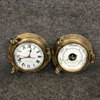 Vintage Royal Mariner Heavy Brass Nautical Ship Clock & Barometer In Euc