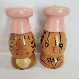 Vintage Wood Salty Peppy Salt And Pepper Shakers 5 Inches Rare Pink Top