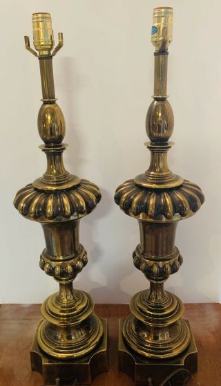 Vintage Pair Mcm Stiffel Hollywood Regency Brass 3 - Way Table Lamps 38”h 7”w