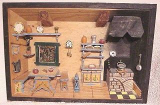 Vintage Antique Primitive Italian 3d Handcrafted Wood Diorama Kitchen Shadow Box