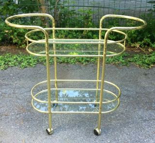 Vintage Mcm Hollywood Regency Brass / Glass Bar Tea Cart Trolley -