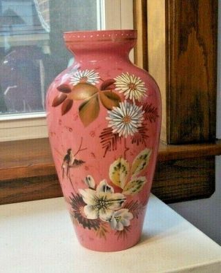Large Bristol Glass Large Pink Vase Two Birds And Flowers Hand Painted 1860s