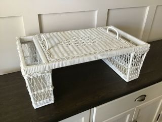 Vintage White Wicker/rattan Bed Serving Tray With 2 Side Baskets &removable Tray