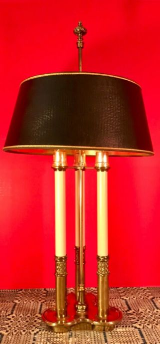 Vintage Stiffel Brass Bouillotte 3 Candle Table Lamp And Faux Alligator Shade