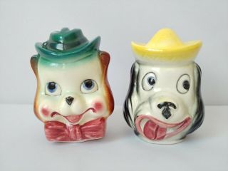 Vtg Anthropomorphic Dogs Hats Salt Pepper Shakers Silly Pup Heads Bow Tie Japan