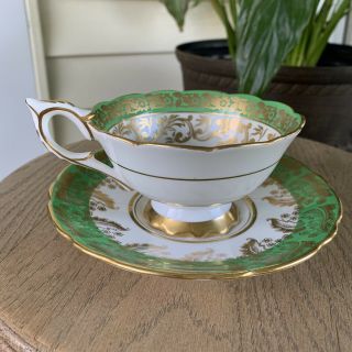 Vintage Royal Stafford England Green With Gold Tea Cup And Saucer - Bone China