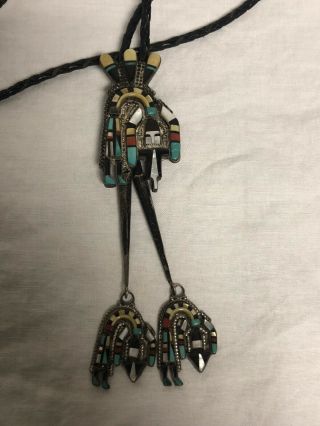 Vintage Sterling Silver And Multi Stone Inlay Rainbow Dancer Bolo Tie Zuni