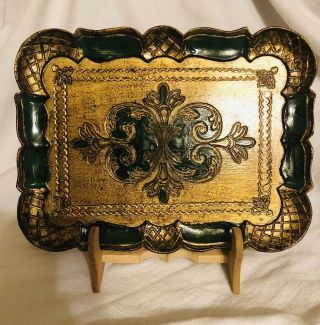 Vintage Gold Gilt Green Italian Florentine Toleware Rectangular Tray With Stand