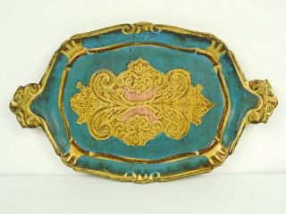 Vintage Italian Florentine Wood Tray Platter Blue & Gold & Pink Gilt 7x12 "