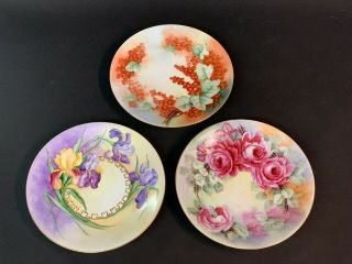 3 Antique Limoges Porcelain Hand Painted Plates Artist Signed