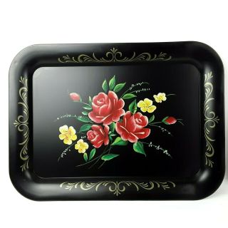 Toleware Set Of 4 Metal Lap Trays Black Roses Floral Shabby Chic French Country
