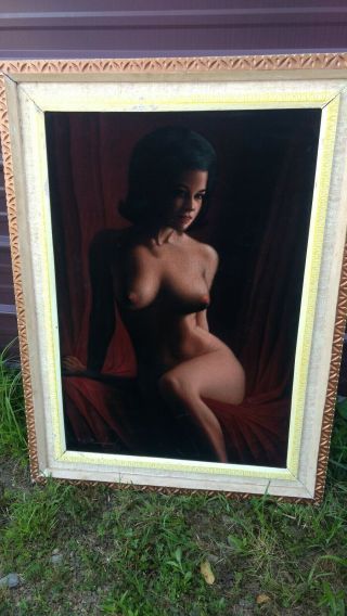 Vintage Nude Woman Black Velvet Painting Mid Century Girl Pinup Signed 1965