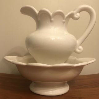 Vintage Large Pitcher And Bowl Wash Stand Set Creamware White Ivory Ironstone