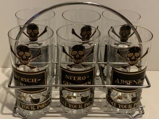 Vtg George Briard Set Of 6 Name Your Poison Glasses Tumblers W/ Chrome Carrier