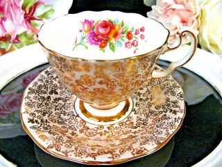 Adderley Tea Cup And Saucer Gold Gilt Chintz Teacup With Flowers Roses Pattern
