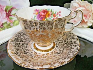 ADDERLEY tea cup and saucer gold gilt chintz teacup with flowers roses pattern 3